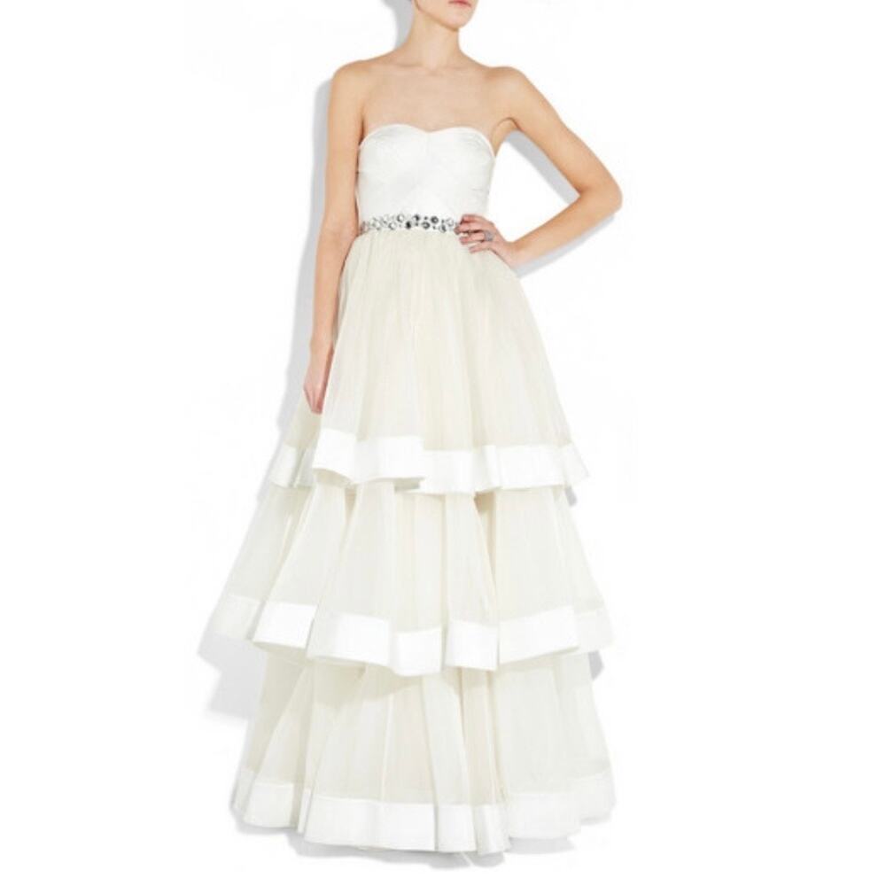 Rachel Gilbert Silk Tiered Crystal Embellished Strapless Princess Wedding Gown - Picture 2 of 15